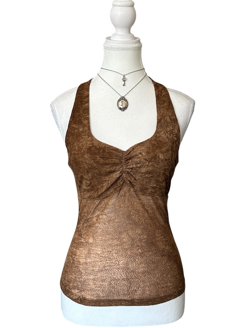 Y2K “Le Chateau” Brown/Auburn Mesh Rhinestone Style Halter Top